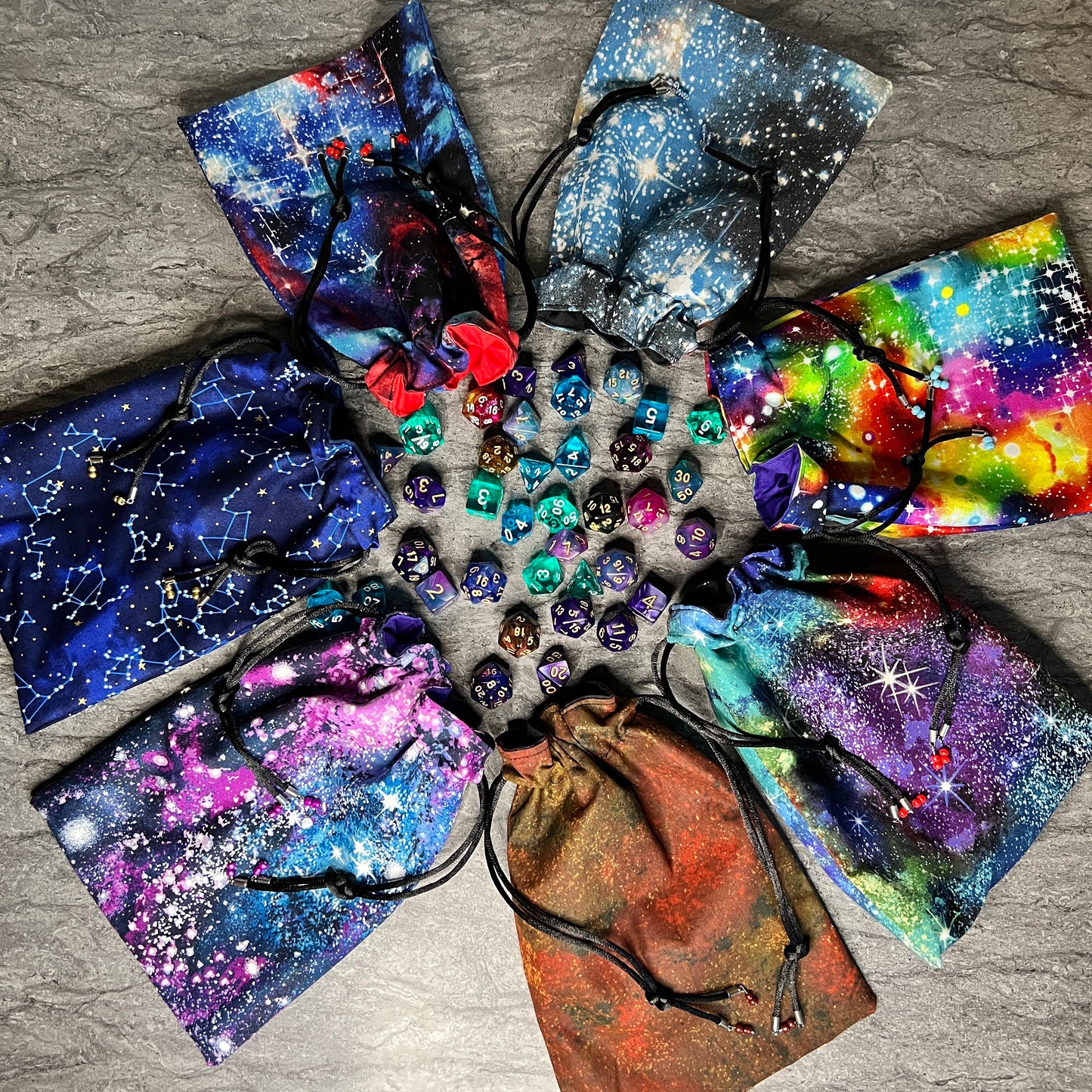 Handmade Cotton Drawstring Dice Bag, Choice of Galaxy Print, Stars, Galaxy, DnD, D&D, RPG 2d20 Tabletop Gaming Gift