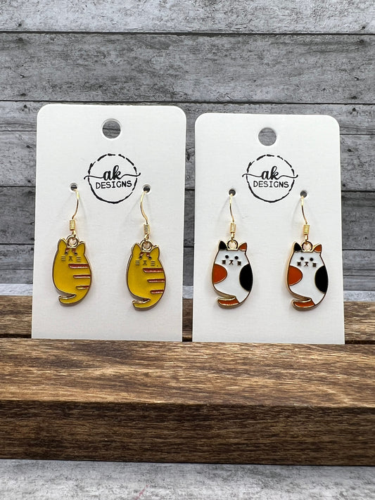 Small Fat Kitty Cat Enamel Drop Earrings