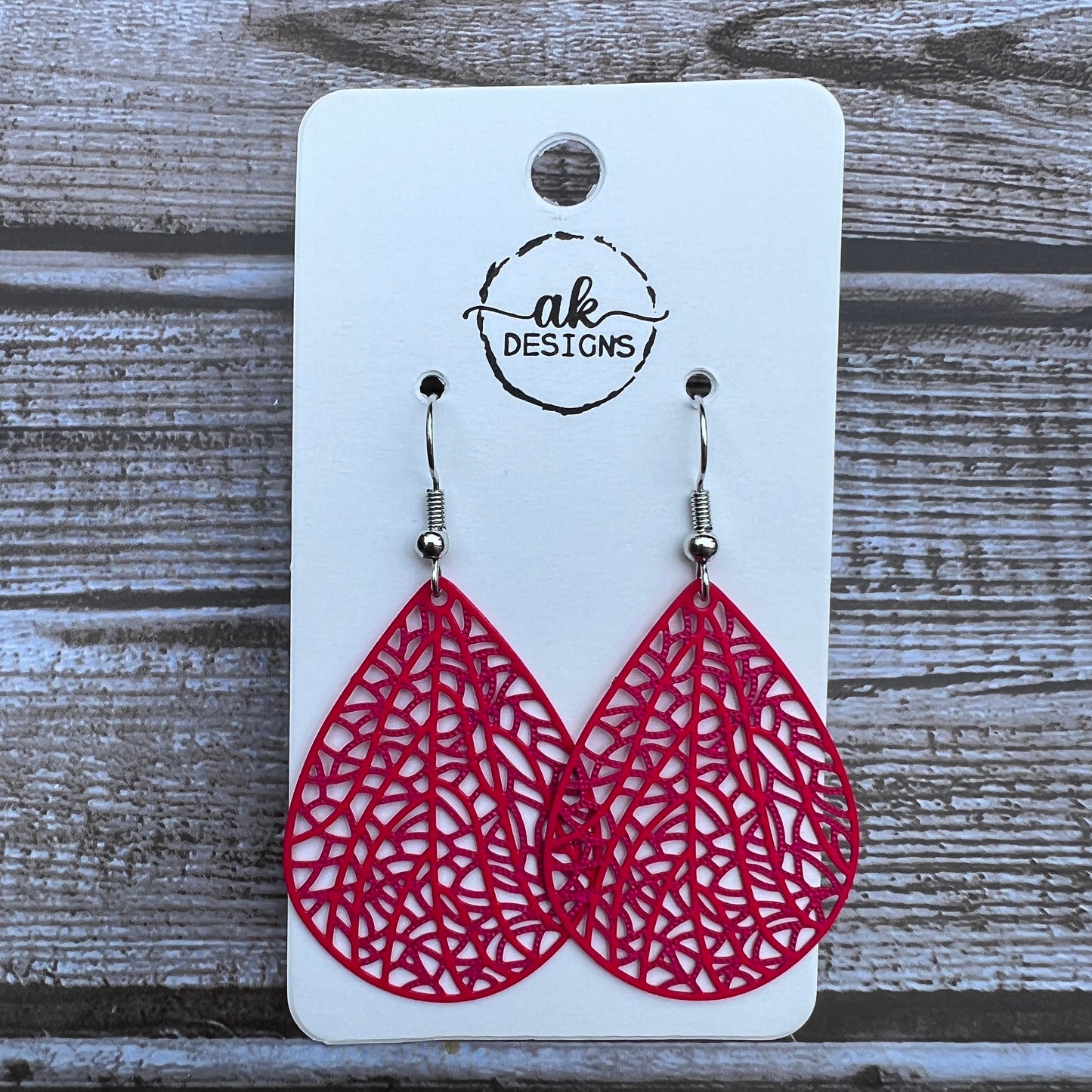 Teardrop Lace Filigree Bold Lightweight Painted Brass Earrings Red Fuscia Pink Magenta - Clearance