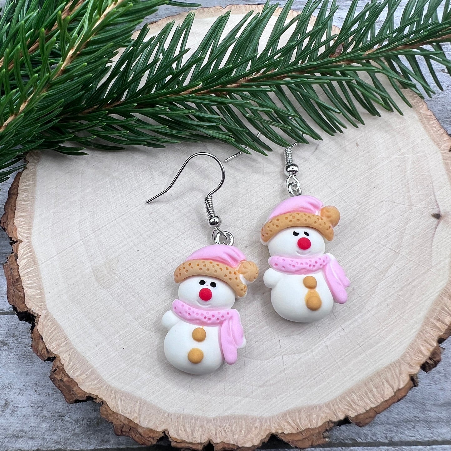 Snowwoman Snowgirl Snowman Pink Hat Scarf Resin Hypoallergenic  Christmas Winter Earrings