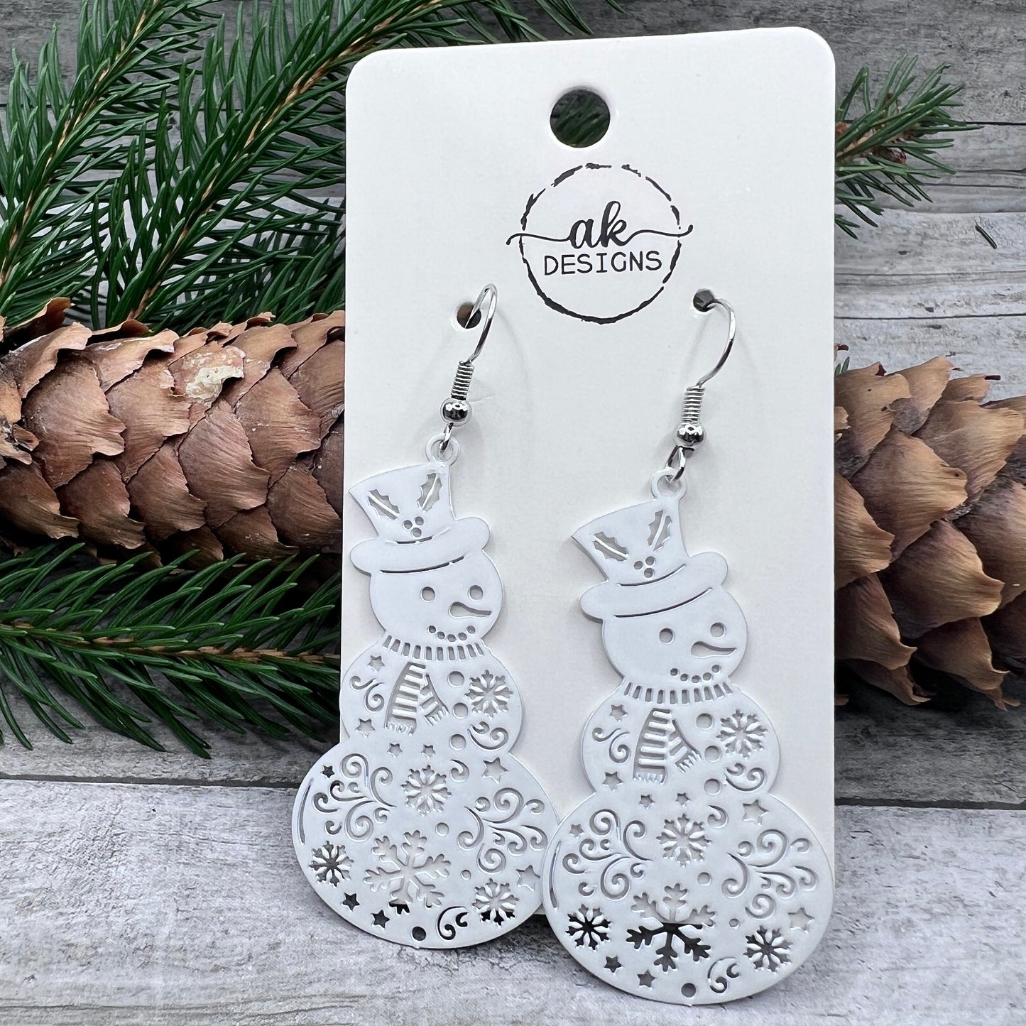 Fancy Oversized Lightweight Snowman White Painted Brass Hypoallergenic  Christmas Winter Earrings