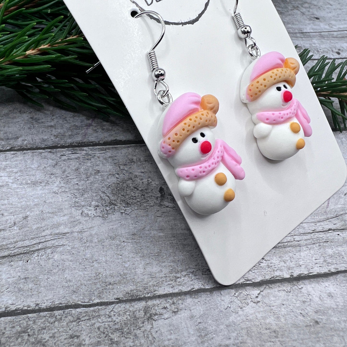 Snowwoman Snowgirl Snowman Pink Hat Scarf Resin Hypoallergenic  Christmas Winter Earrings