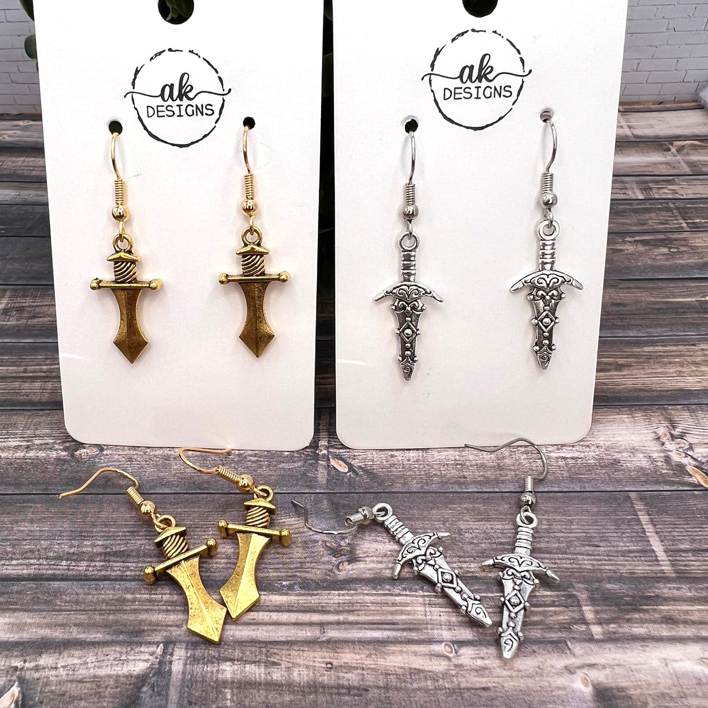 Dagger Sword Weapon Goth  Earrings Silver or Goldtone Fantasy Medieval Cosplay