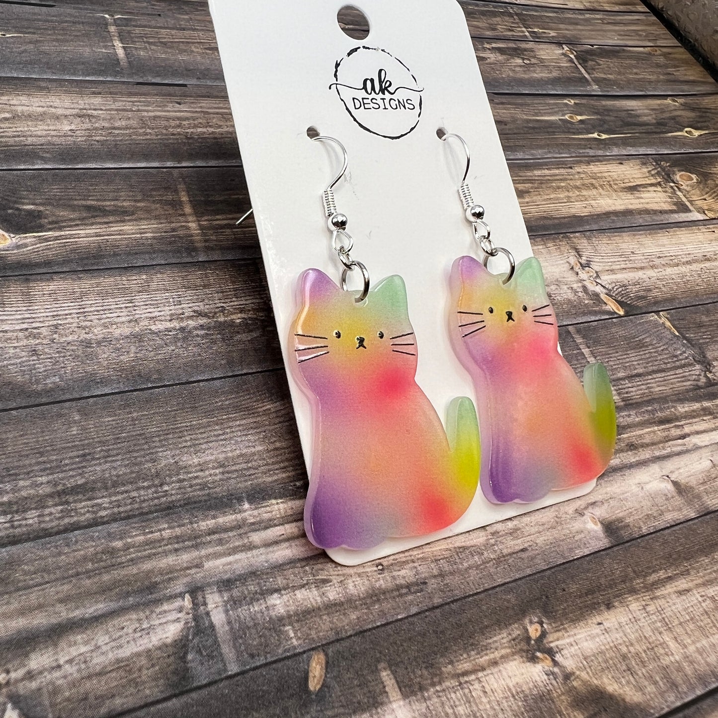 Colorful Acrylic Cartoon Cat  Earrings -  Lightweight Rainbow Gradient
