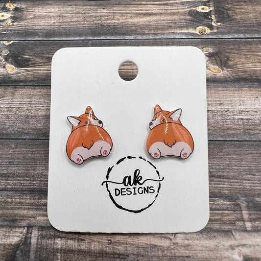 Handmade Corgi Butt Dog Puppy Lightweight Stud Earrings