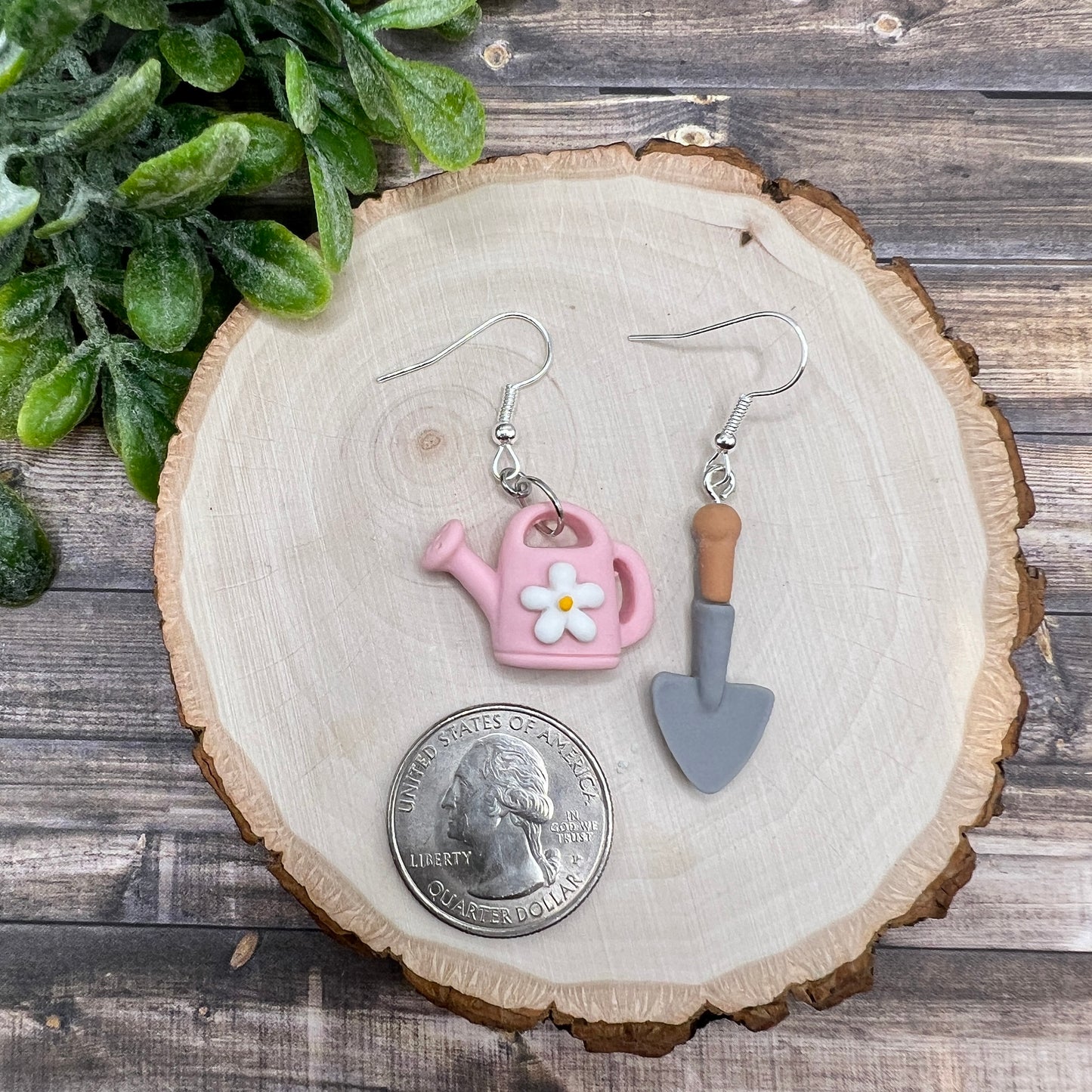 Springtime Garden Watering Can & Shovel Mismatched Resin Earrings, Hypoallergenic Lightweight