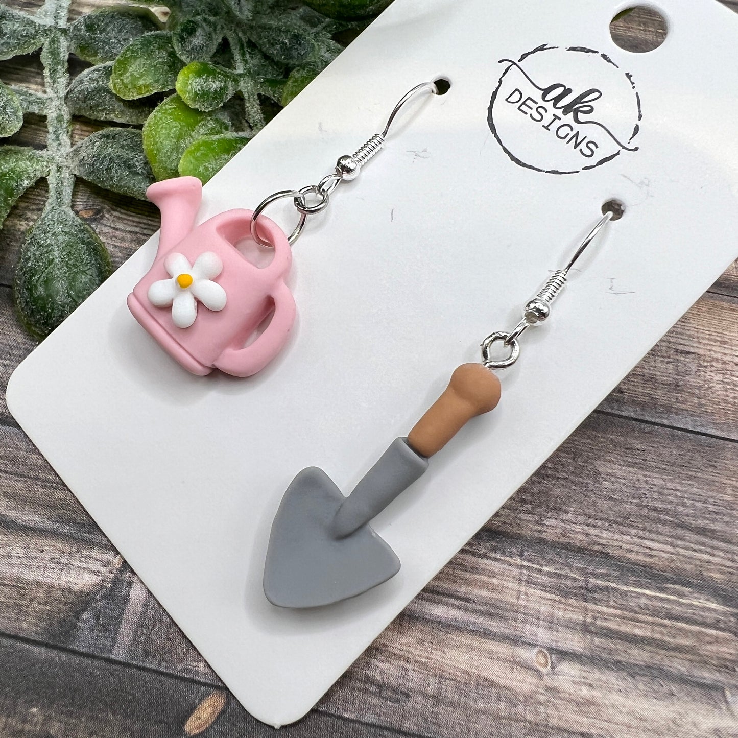 Springtime Garden Watering Can & Shovel Mismatched Resin Earrings, Hypoallergenic Lightweight