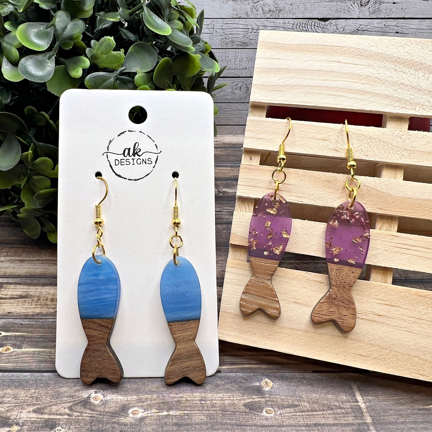 Resin Wood Long Fish Shape Modern Elegant  Earrings, Hypoallergenic Gift - Clearance