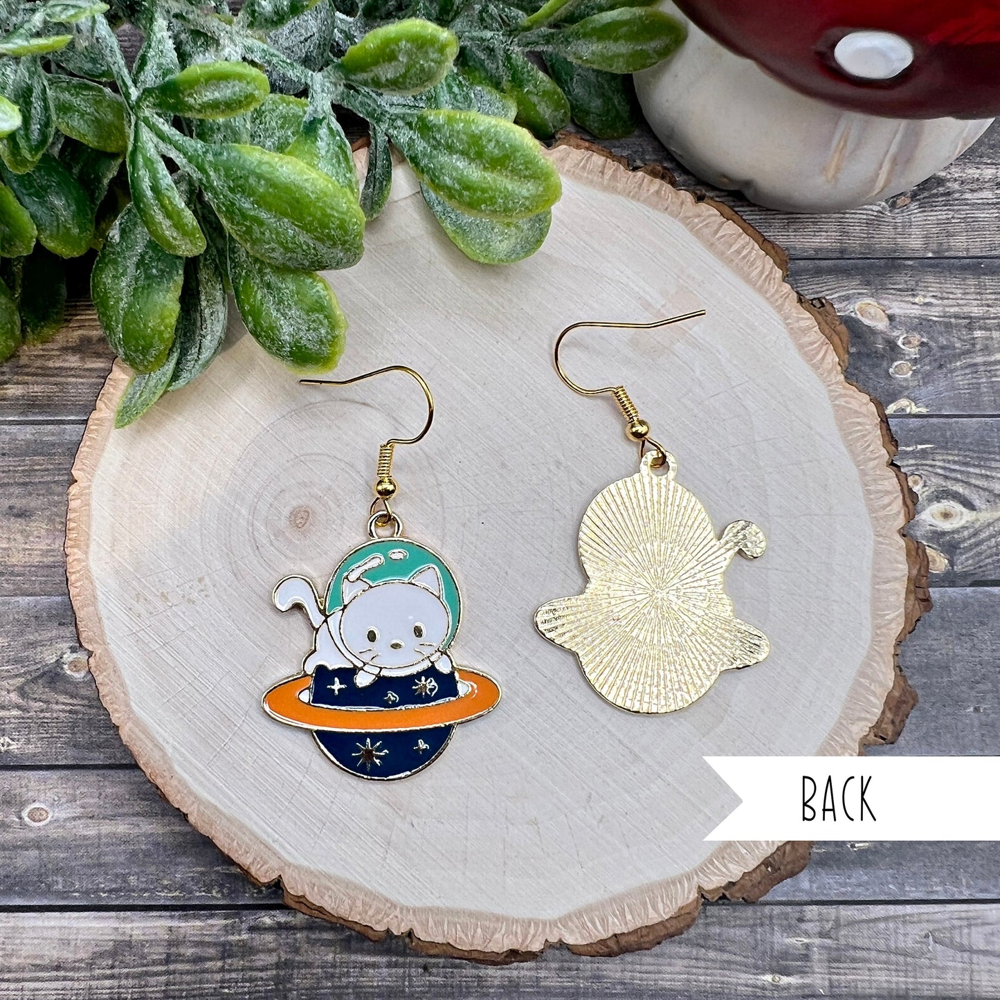 White Blue Kitty Astronaut Cat Space Exploration Planetary Goldtone  Earrings, Hypoallergenic Gift