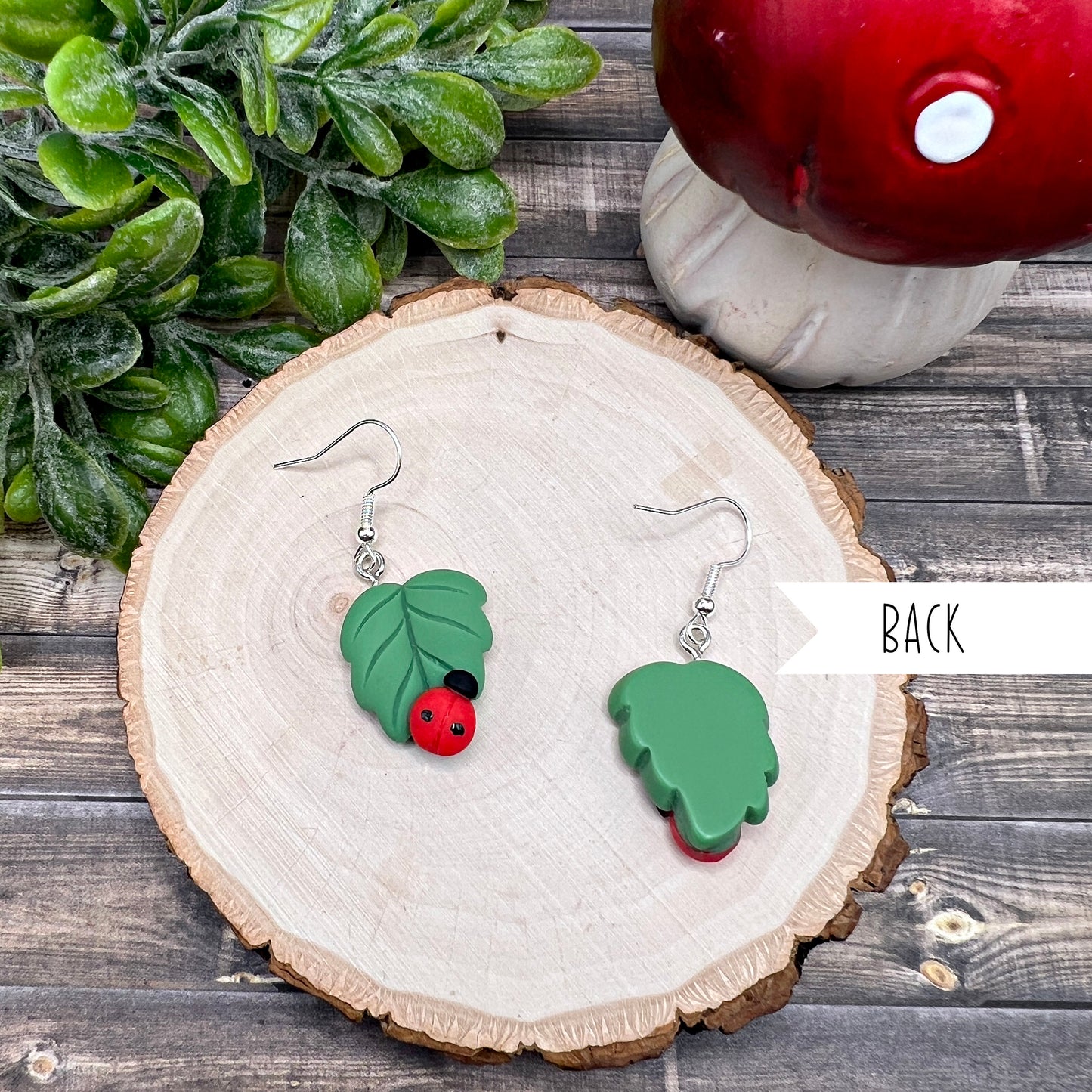 Ladybug on a Leaf Resin Nature Inspired Lucky  Earrings, Hypoallergenic Gift