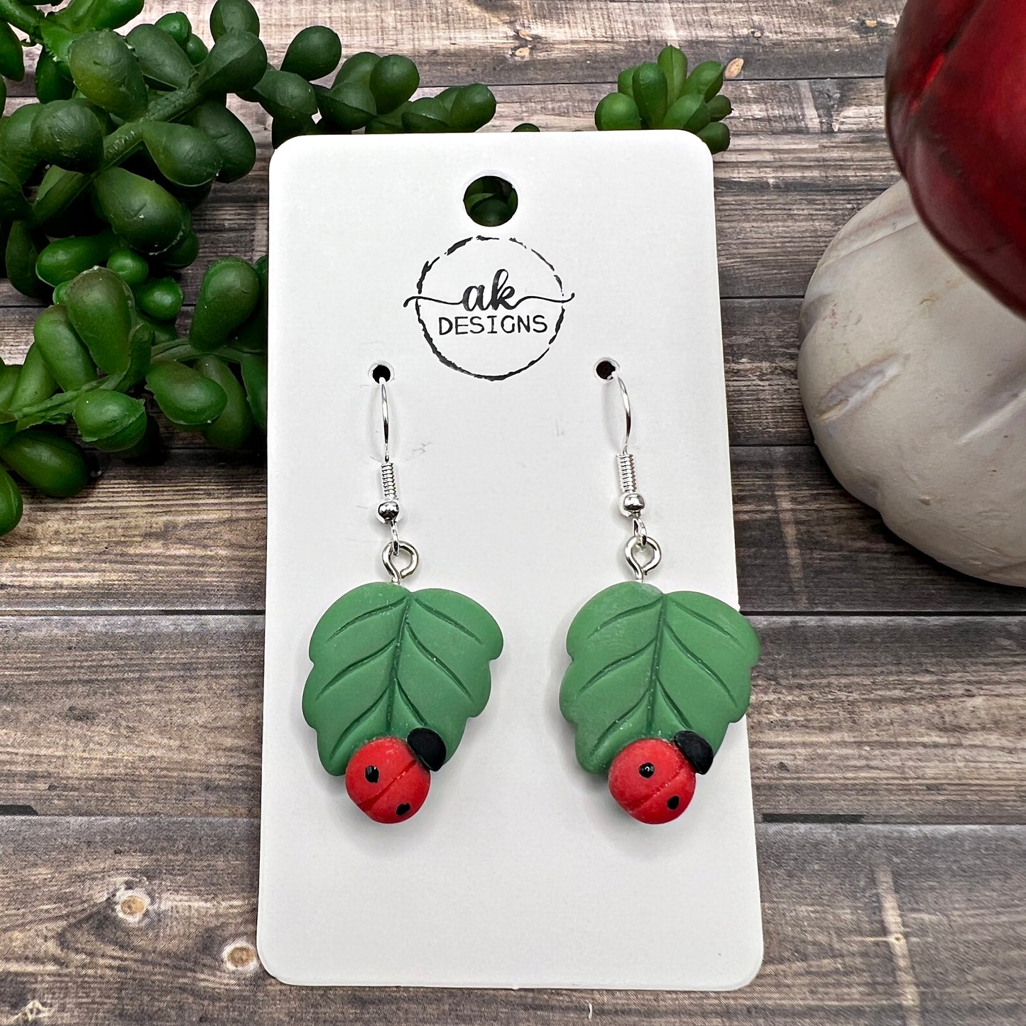 Ladybug on a Leaf Resin Nature Inspired Lucky  Earrings, Hypoallergenic Gift