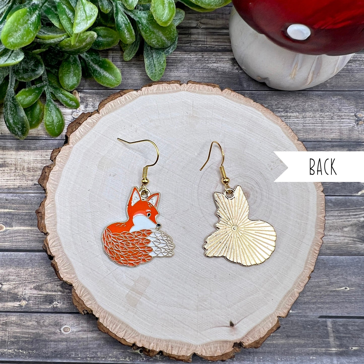 Fox Goldtone Enamel Orange & White  Earrings, Hypoallergenic Gift