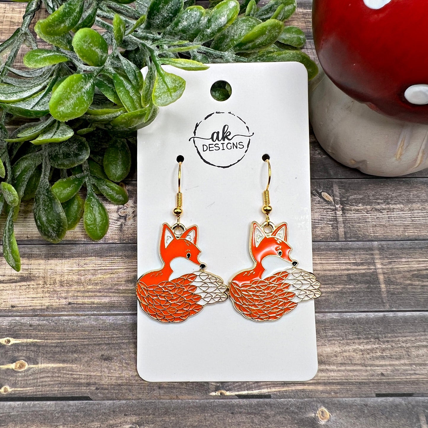 Fox Goldtone Enamel Orange & White  Earrings, Hypoallergenic Gift