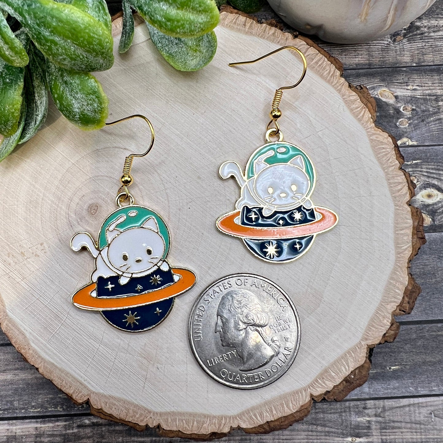 White Blue Kitty Astronaut Cat Space Exploration Planetary Goldtone  Earrings, Hypoallergenic Gift