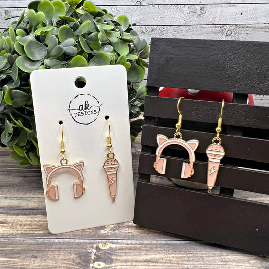 Pink Cat Ear Headphones and Microphone Mismatched Goldtone  Earrings, Hypoallergenic Gift