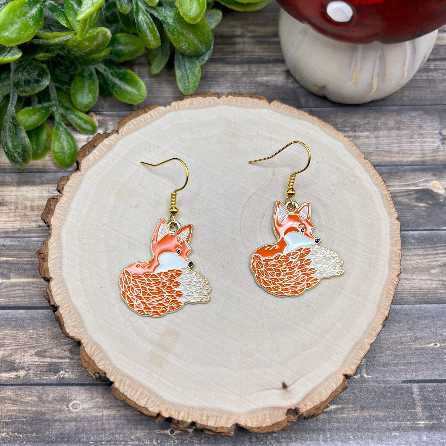 Fox Goldtone Enamel Orange & White  Earrings, Hypoallergenic Gift