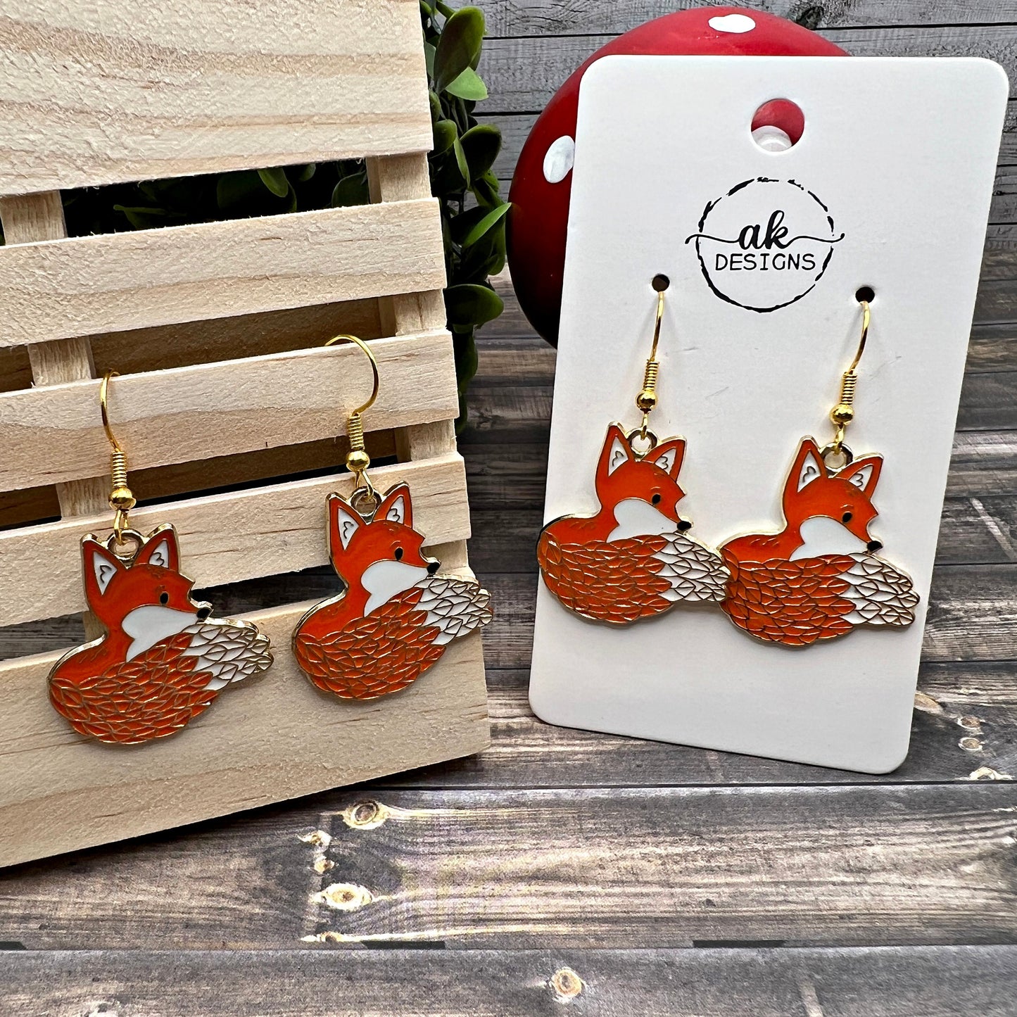 Fox Goldtone Enamel Orange & White  Earrings, Hypoallergenic Gift
