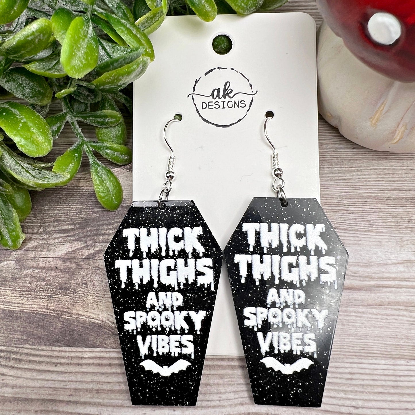 Coffin Shaped Thick Thighs and Spooky Vibes Acrylic Hypoallergenic  Earrings Halloween