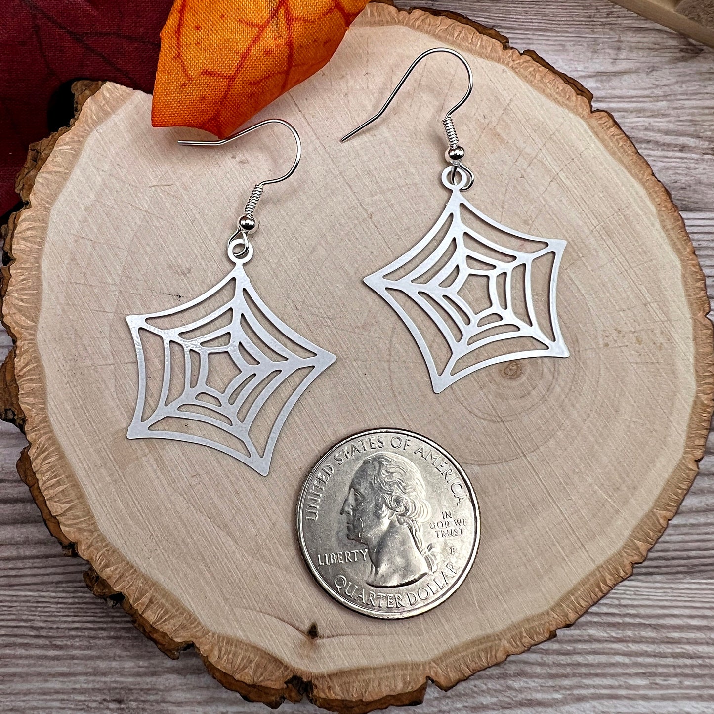Spider Web Lightweight Brass White Hypoallergenic  Halloween Earrings