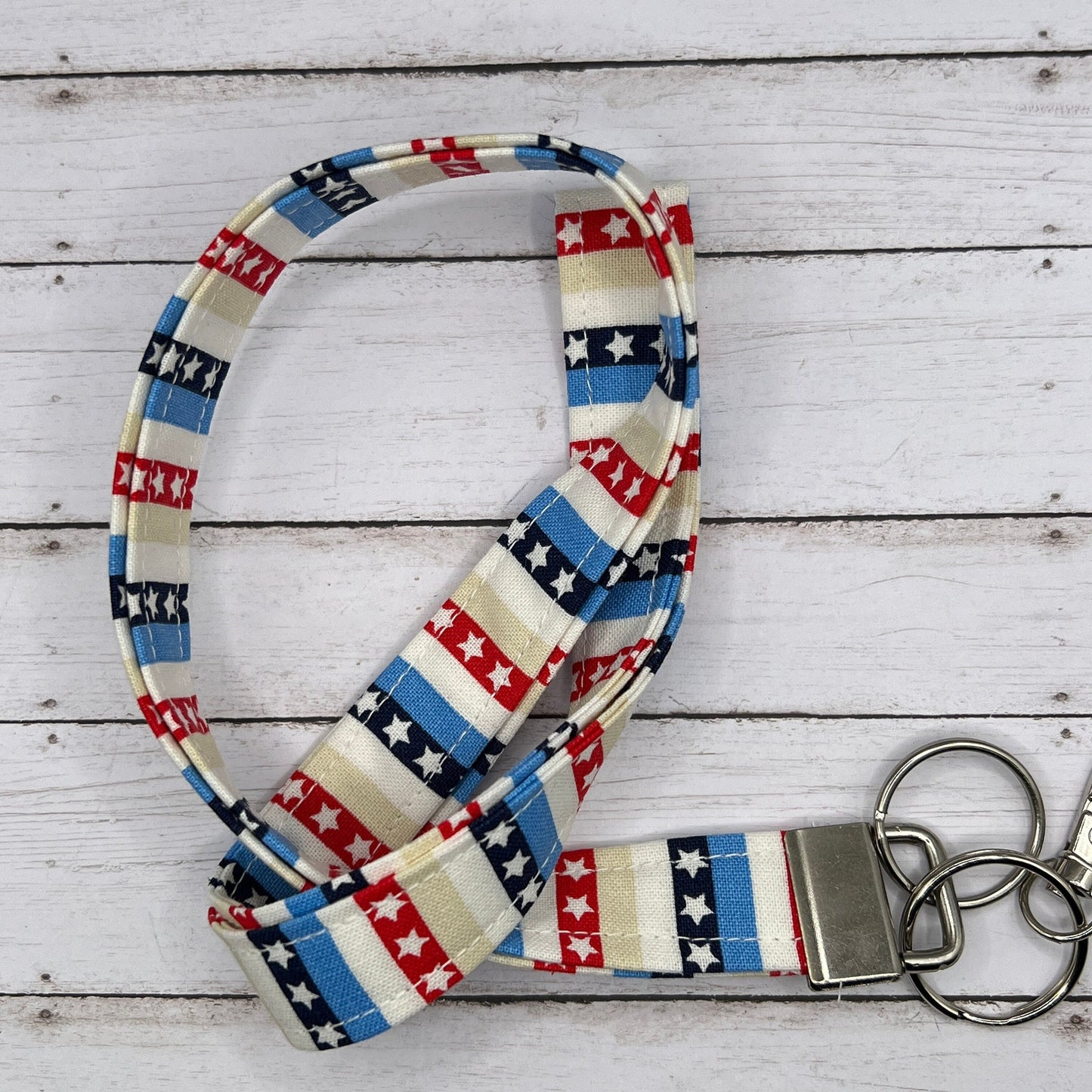 Handmade 20" Fabric  Red White & Blue USA Flag Stars Stripes Patriotic 4th of July   Lanyard Breakaway Keychain Keys Badge Holder