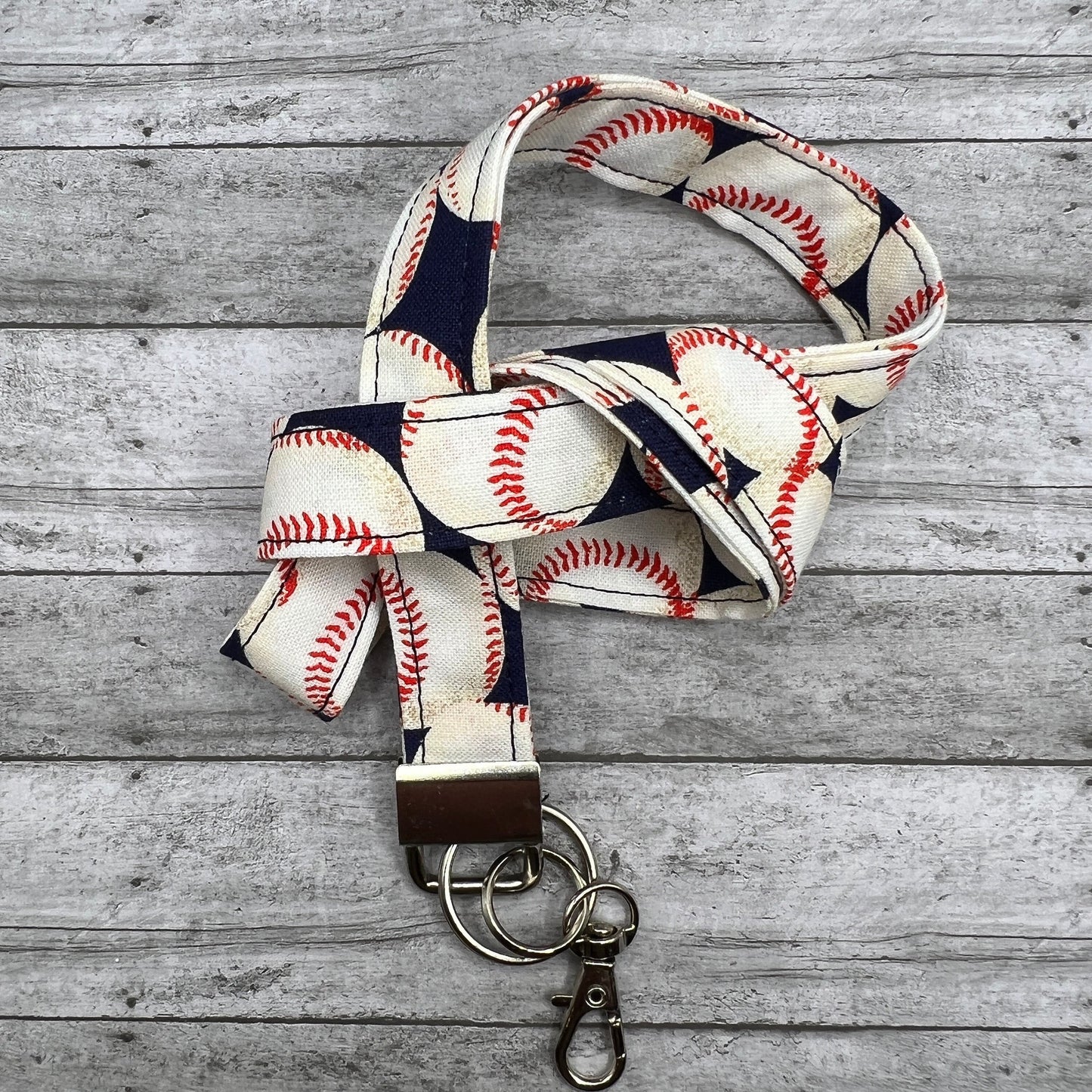 Handmade 20" Fabric  Red White Baseball Print  Lanyard Breakaway Keychain Keys Badge Holder