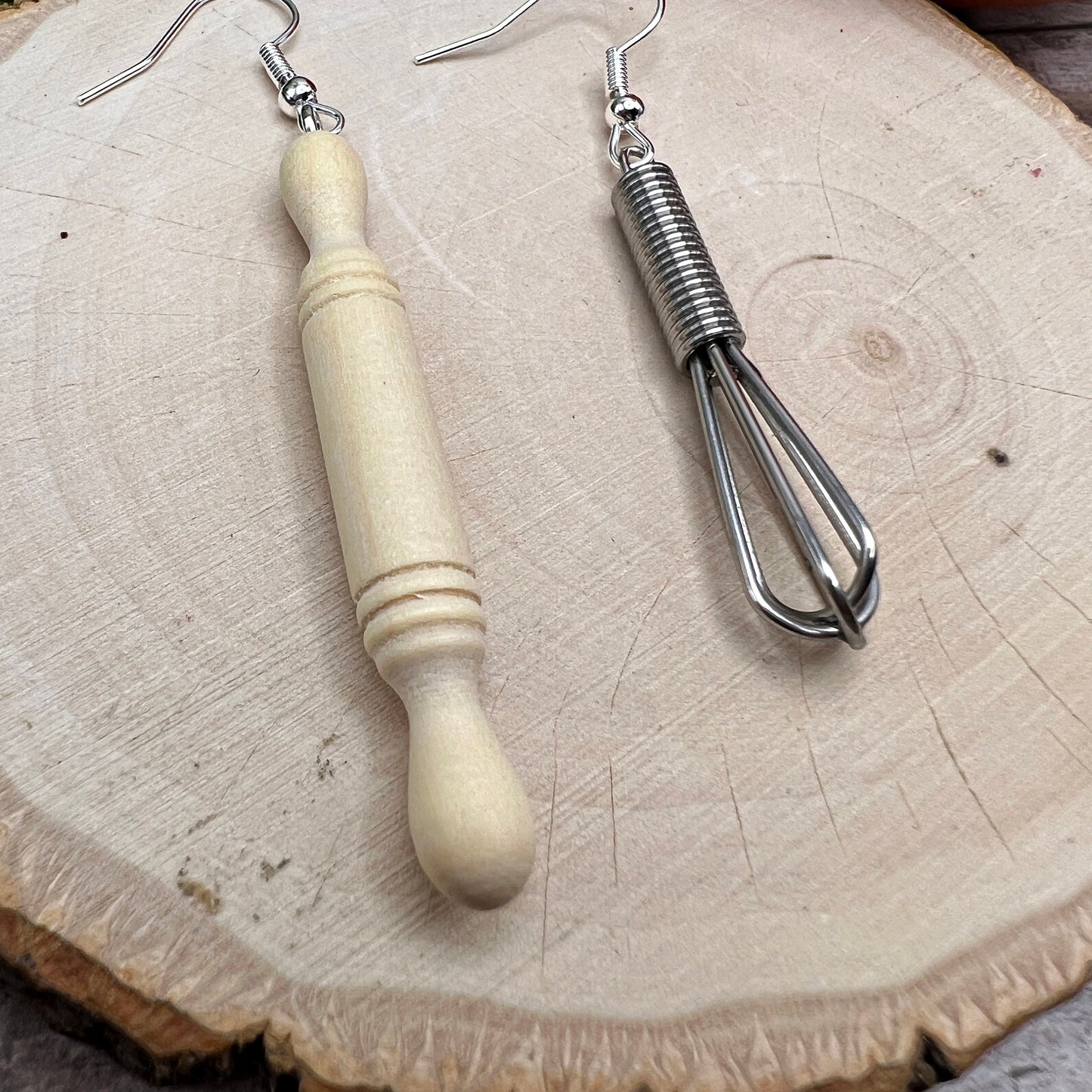 Handmade Wood Rolling Pin or Wire Wisk, Baking Baker, Hypoallergenic  Earrings