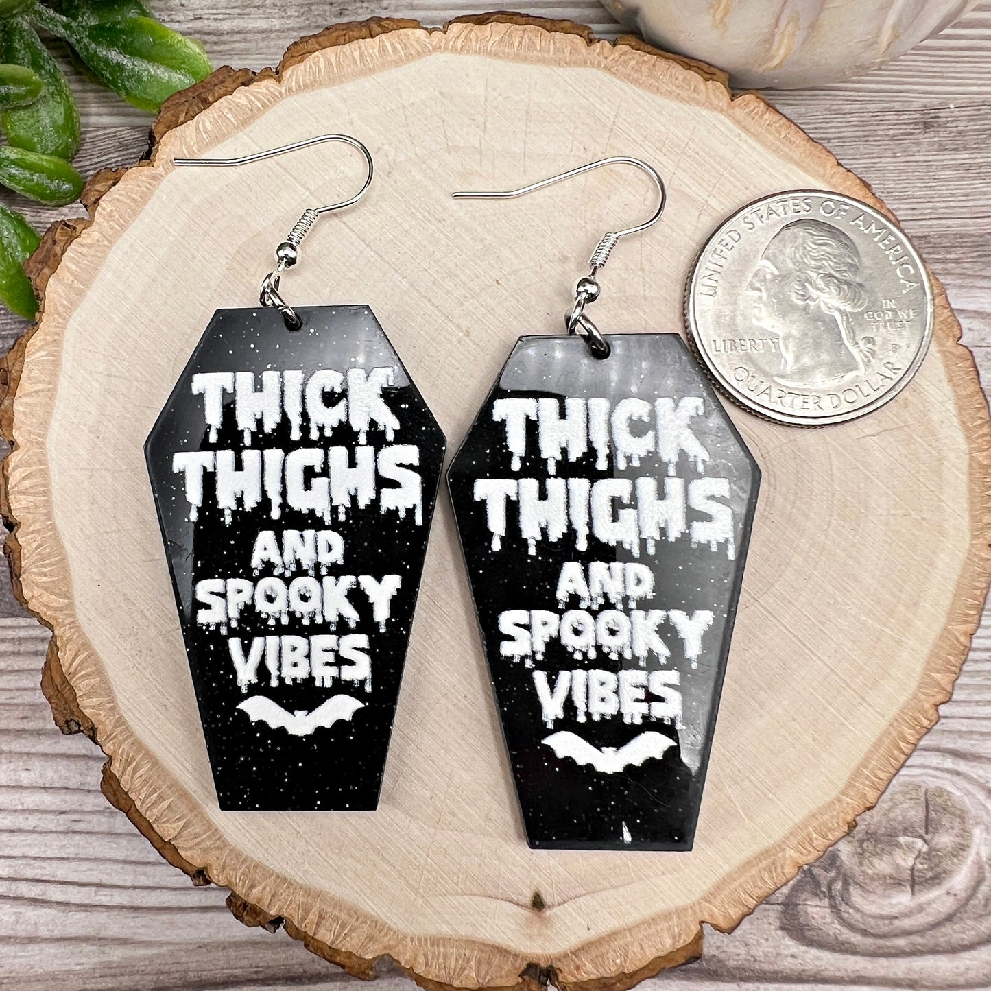 Coffin Shaped Thick Thighs and Spooky Vibes Acrylic Hypoallergenic  Earrings Halloween