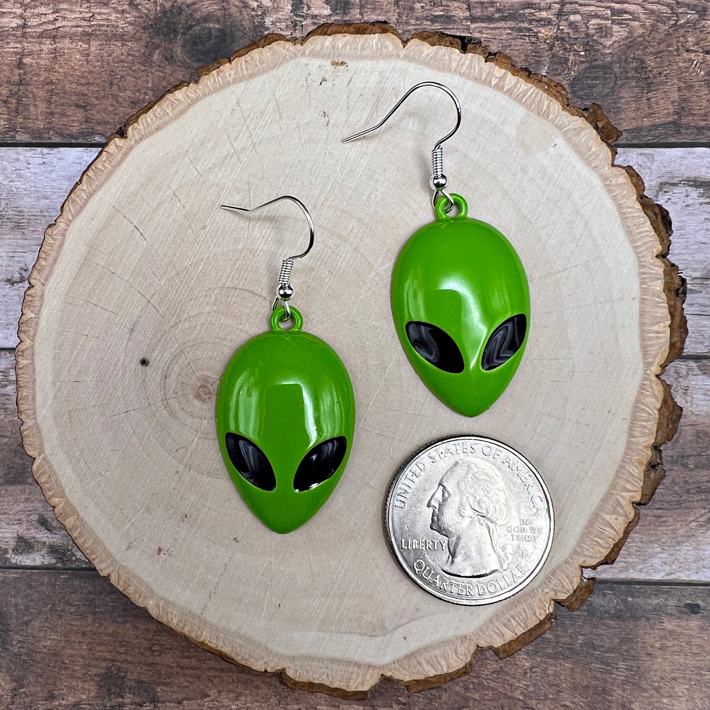 Green Alien Painted Metal Lightweight Silver/Silver-tone  Earrings, Hypoallergenic Gift - Clearance