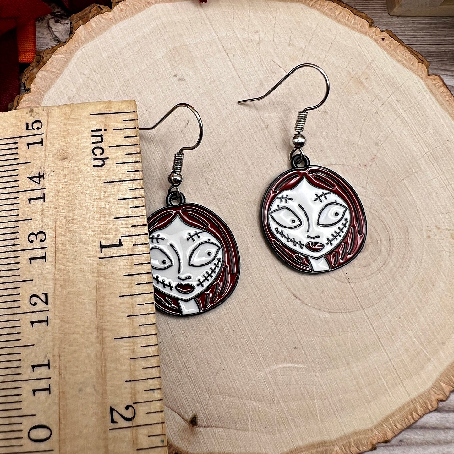 Sally Zombie Spooky Halloween Creepy Stitches Hypoallergenic Enamel  Earrings