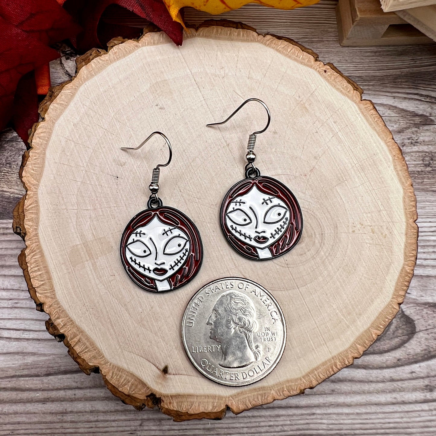 Sally Zombie Spooky Halloween Creepy Stitches Hypoallergenic Enamel  Earrings