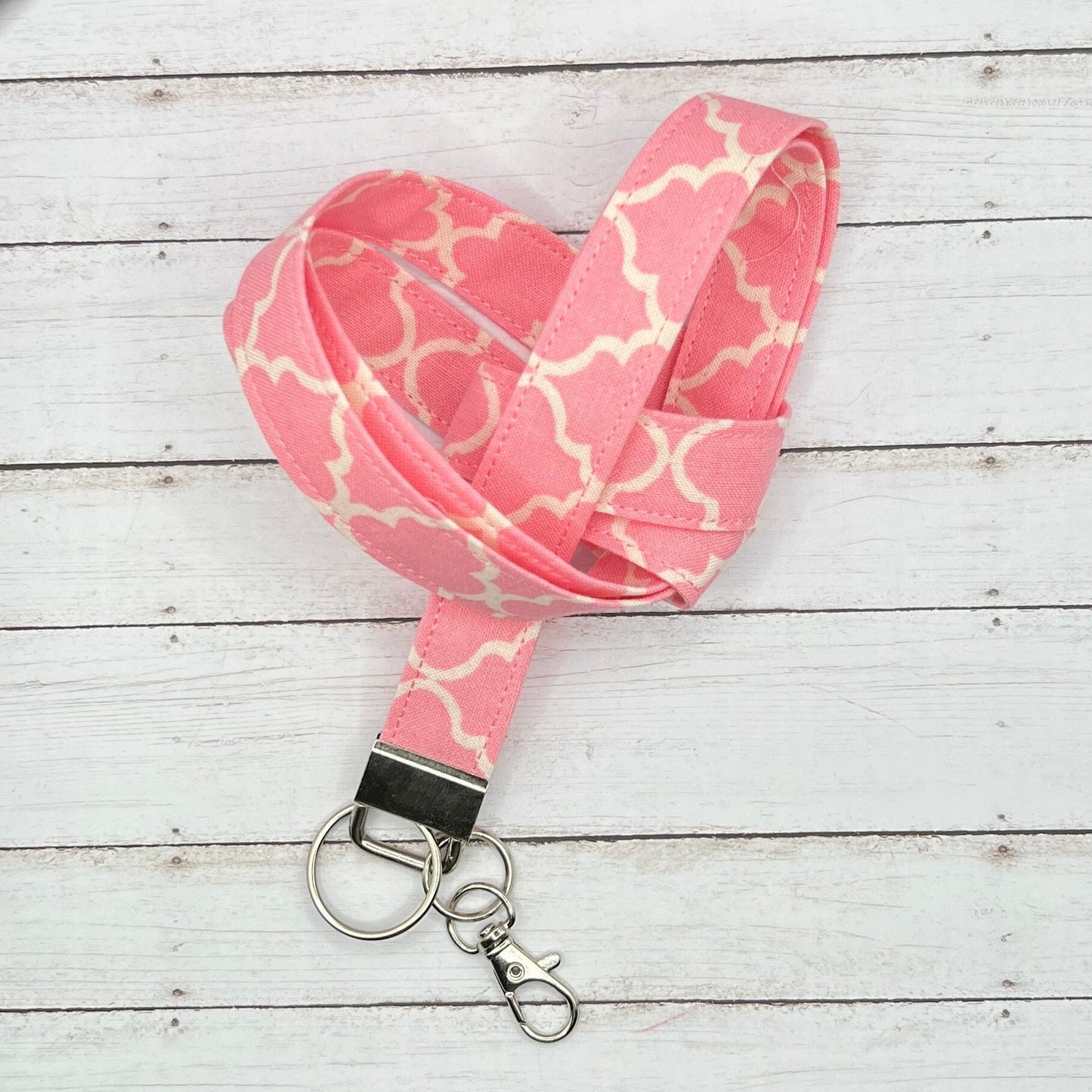 Handmade 20" Fabric  Pink and White Quatrefoil Print  Lanyard Breakaway Keychain Keys Badge Holder