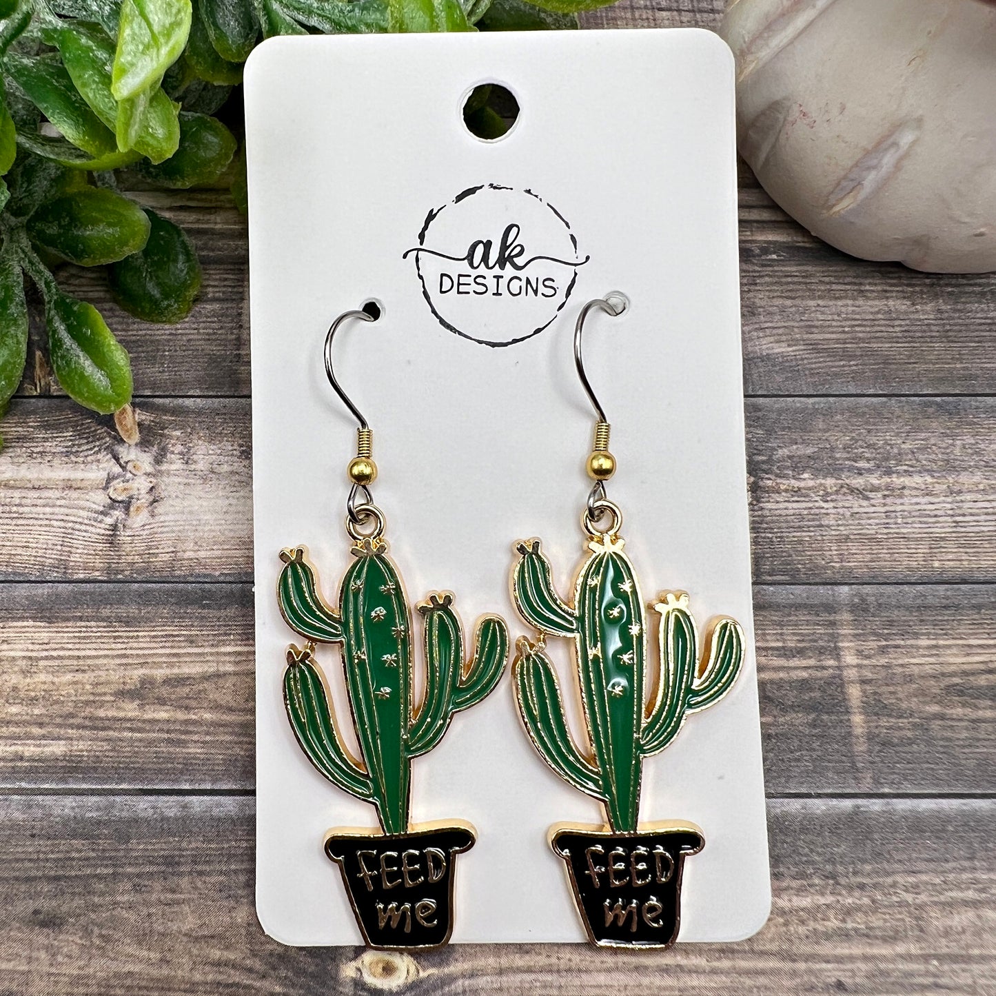 Cactus Feed Me Hug Me Enamel Plant Earrings