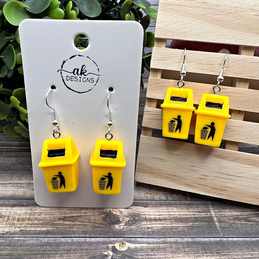 Quirky Trash Recycle Rubbish Trashcan, Hypoallergenic  Earrings