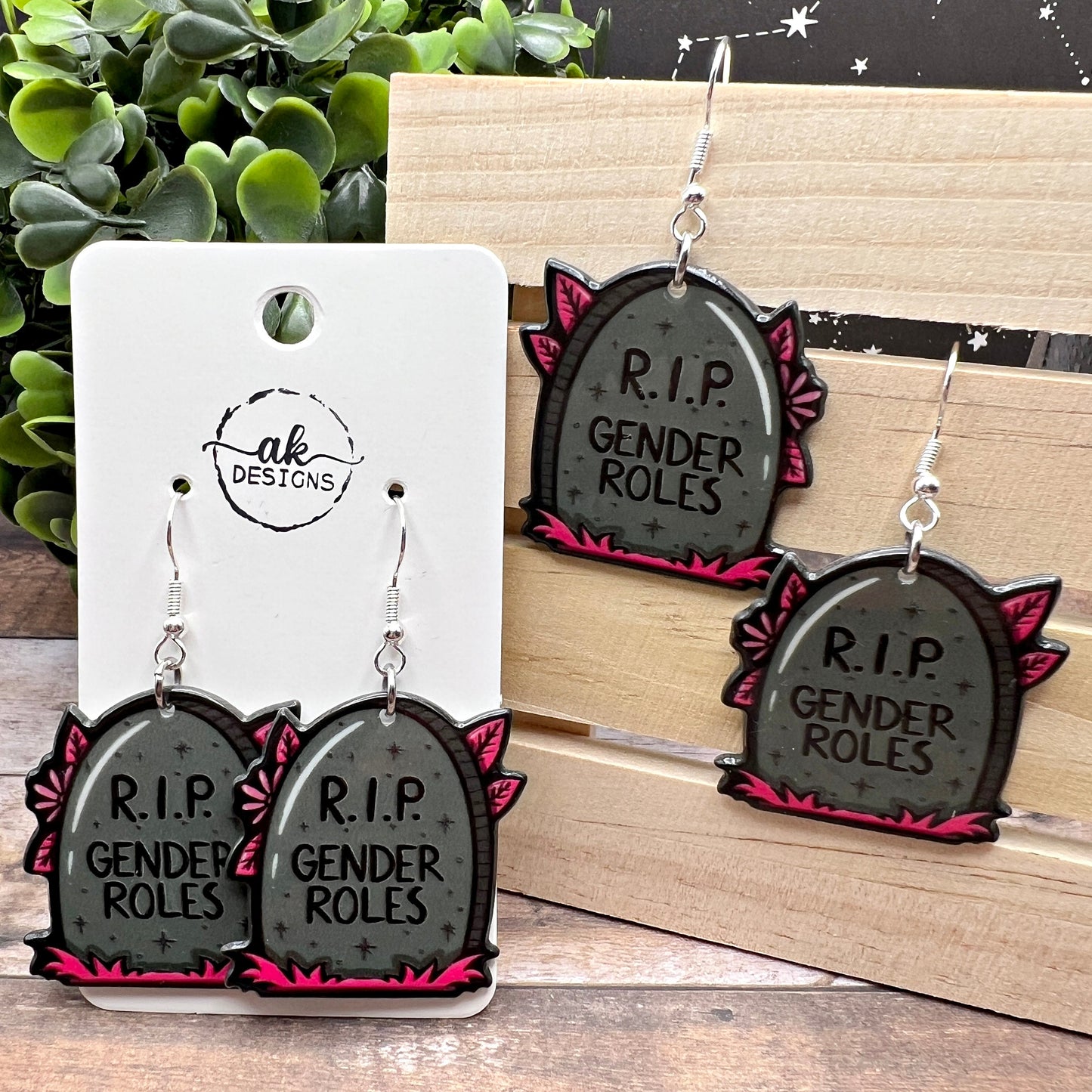 RIP Gender Roles Acrylic Earrings, Goth Emo Halloween Spooky Season, Silver/Silver-tone  Earrings, Hypoallergenic Gift