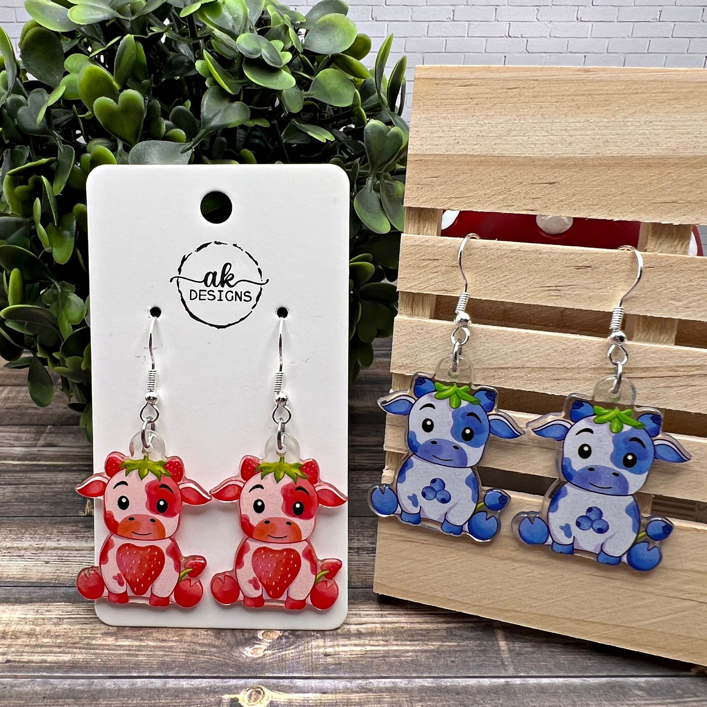 Strawberry Blueberry Milk Cow Earrings