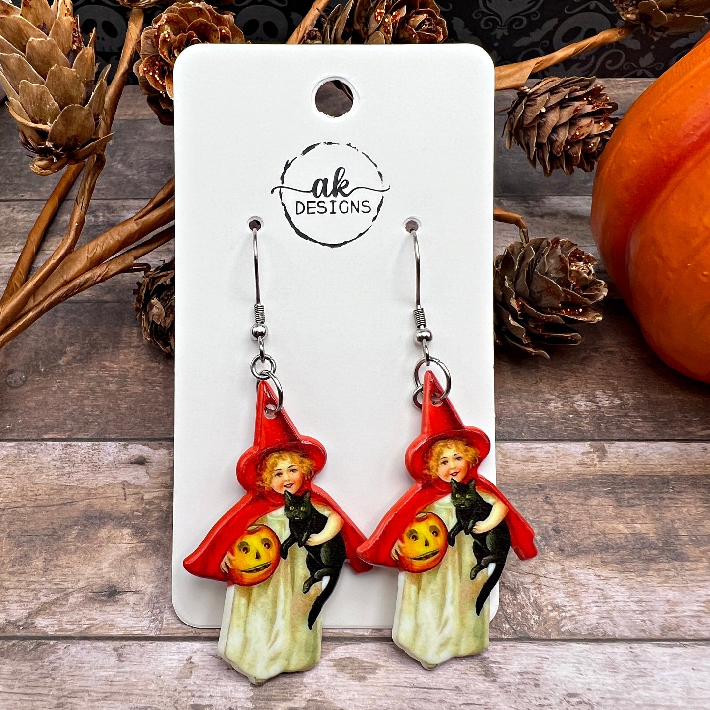 Vintage Retro Inspired Halloween Earrings, Witch Black Cat, Silver/Silver-tone  Earrings, Hypoallergenic Gift