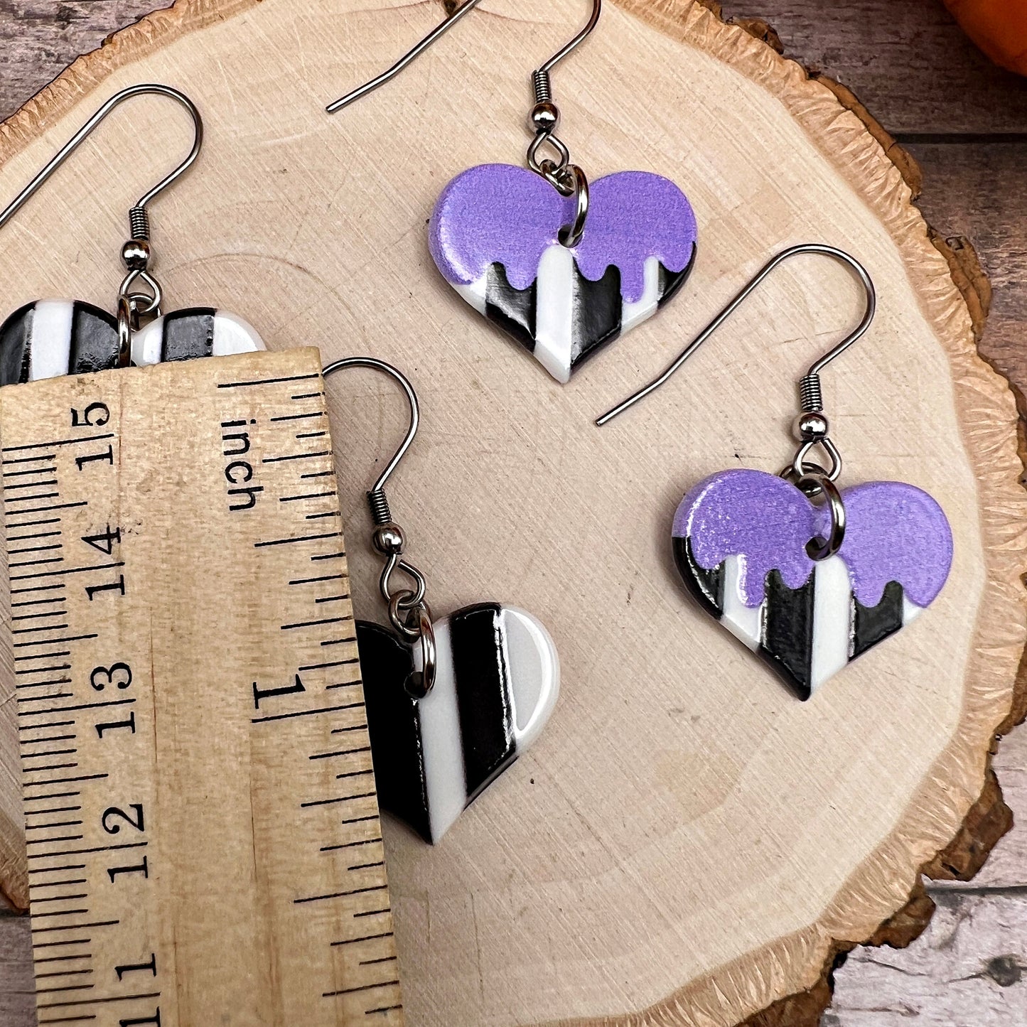 Black White and Purple Striped Heart Halloween Earrings