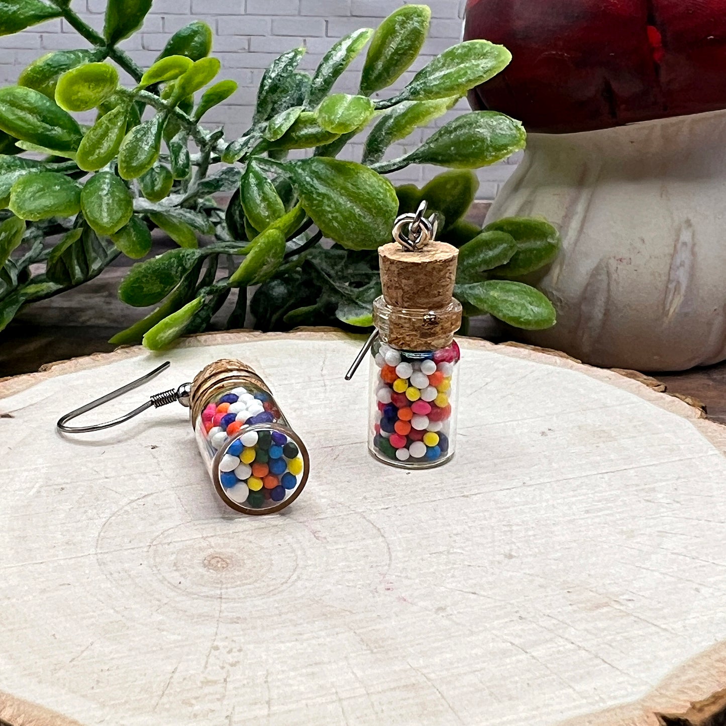 Handmade Sprinkle Jimmy Nonpareils Mini Jar Earrings, Sweet Candy Treat Miniature, Stainless Steel Hypoallergenic