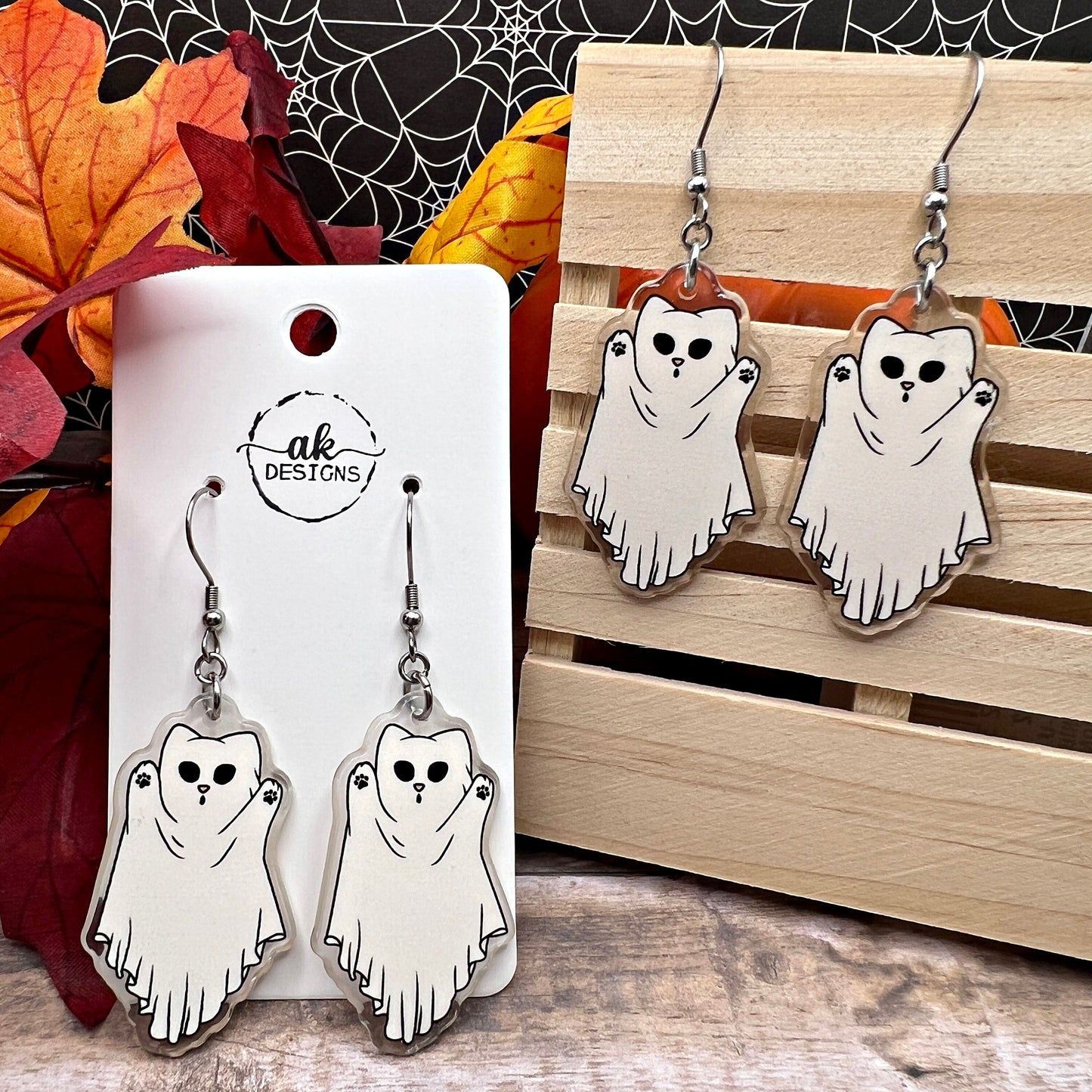Ghost Kitty White Cat Costume Halloween Spooky, Hypoallergenic  Earrings