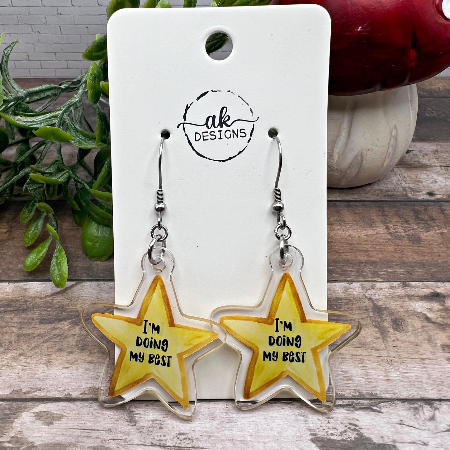 I'm Doing My Best Gold Star Acrylic Earrings Hypoallergenic Gift Watercolor Star Design Lightweight and Inspirational Quirky Earrings Stainless Steel Ear Wire