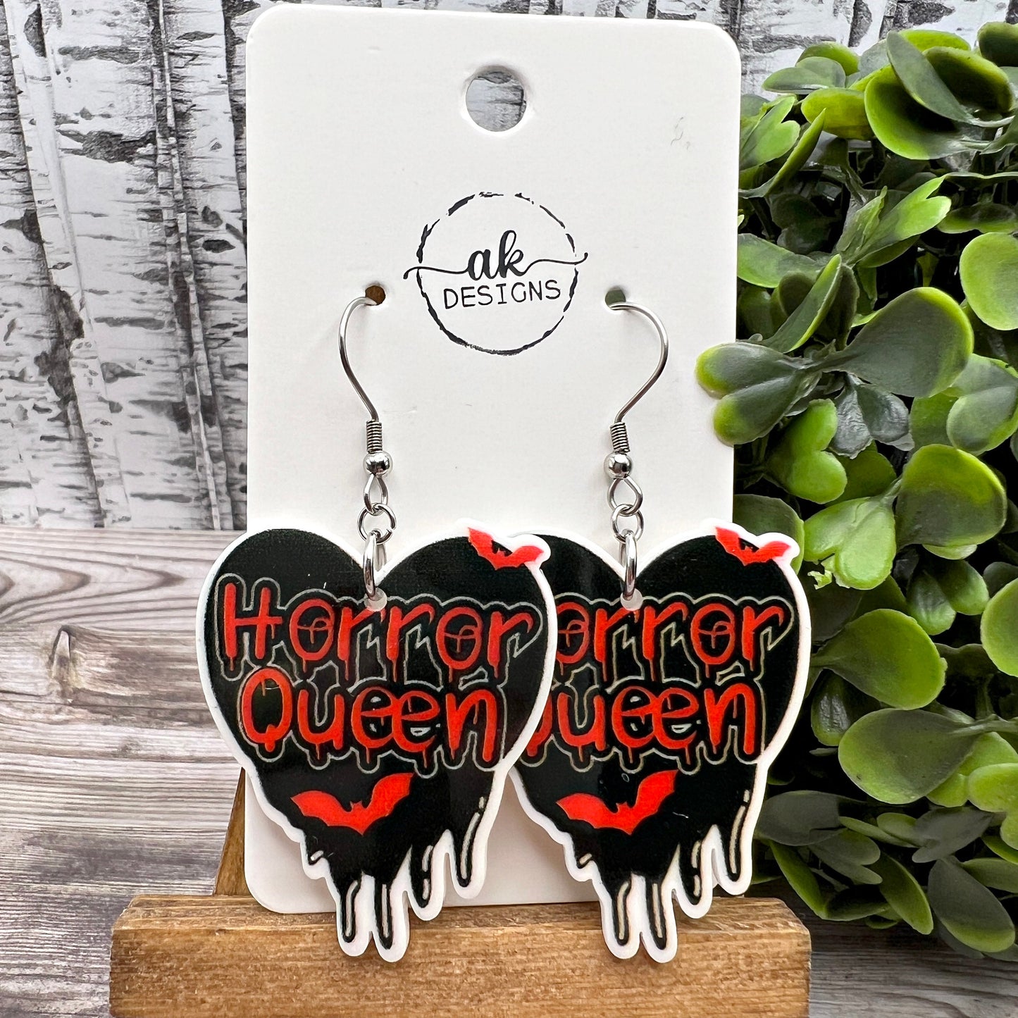 Horror Queen Acrylic Black Heart Bats Stainless Steel  Earrings, Hypoallergenic Gift