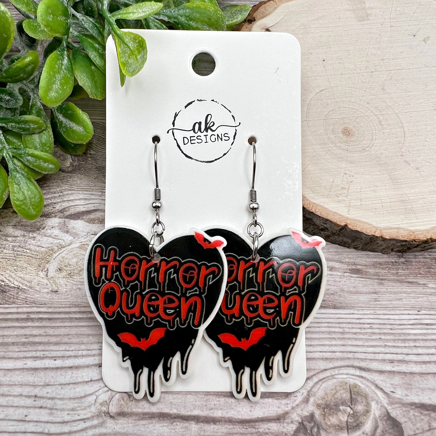 Horror Queen Acrylic Black Heart Bats Stainless Steel  Earrings, Hypoallergenic Gift