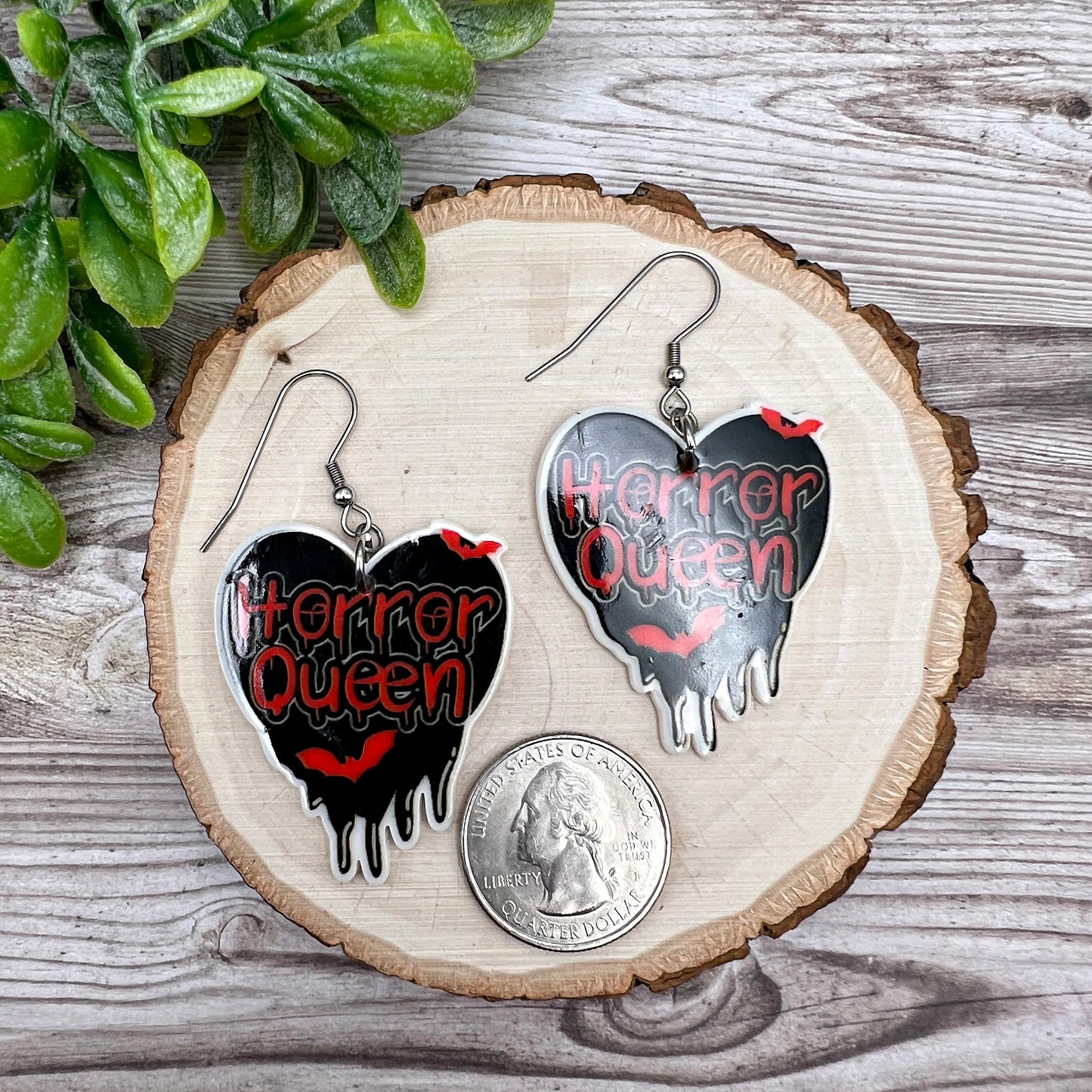 Horror Queen Acrylic Black Heart Bats Stainless Steel  Earrings, Hypoallergenic Gift