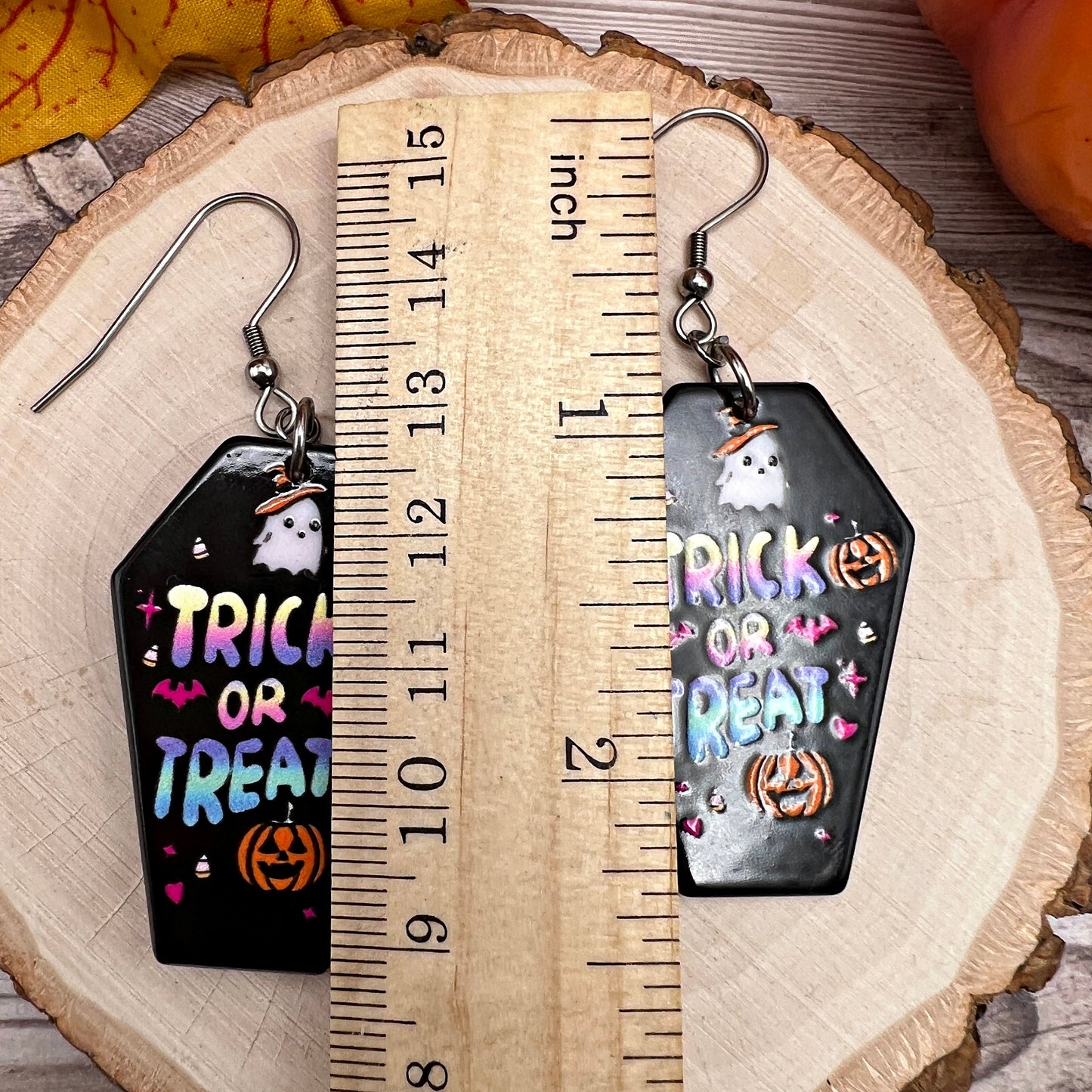 Trick or Treat Colorful Black Coffin Halloween Ghost Stainless Steel  Earrings, Hypoallergenic Gift