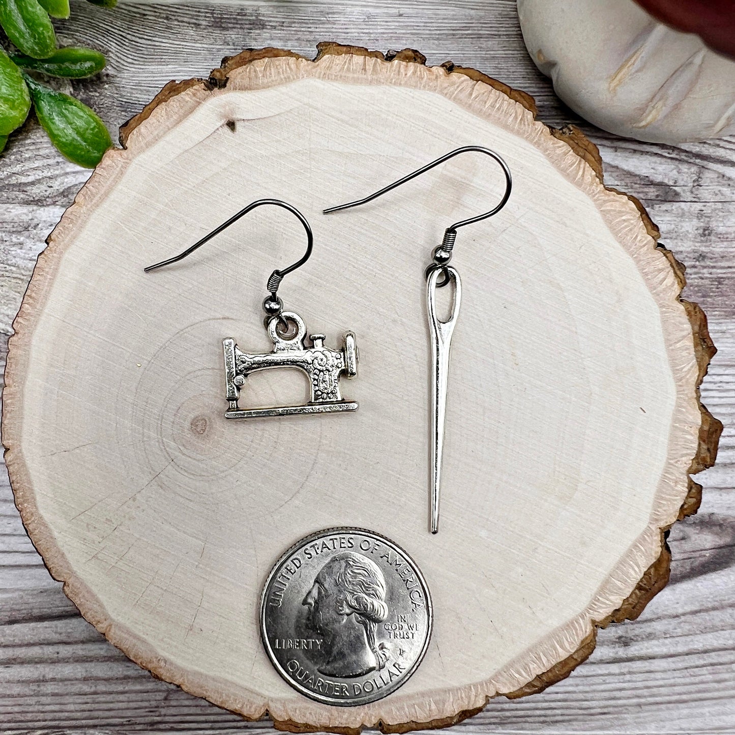 Mismatched Sewing Machine / Needle, Stainless Steel  Earrings, Hypoallergenic Gift