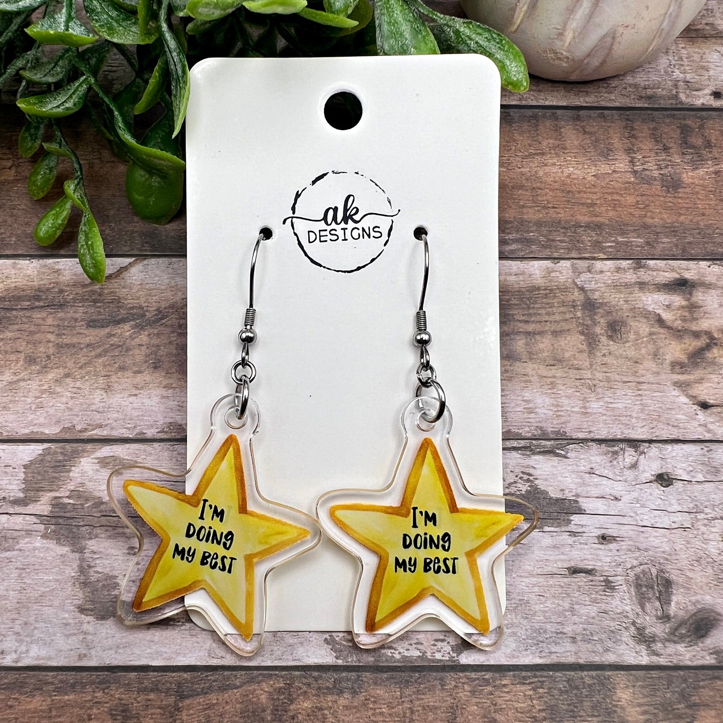 I'm Doing My Best Gold Star Acrylic Earrings Hypoallergenic Gift Watercolor Star Design Lightweight and Inspirational Quirky Earrings Stainless Steel Ear Wire