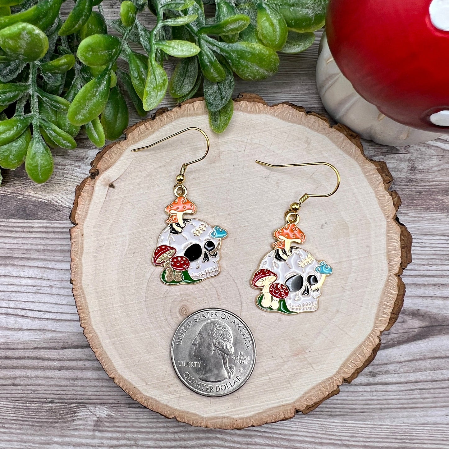 Skull and Mushroom Goldtone Enamel  Earrings, Hypoallergenic Stainless Steel, Boho Hippie Goth Era