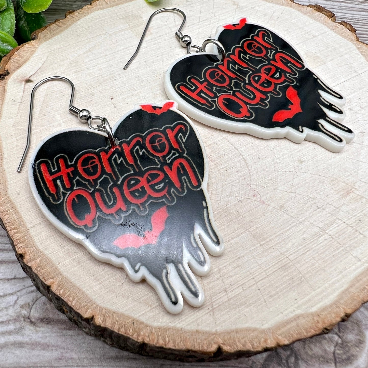 Horror Queen Acrylic Black Heart Bats Stainless Steel  Earrings, Hypoallergenic Gift