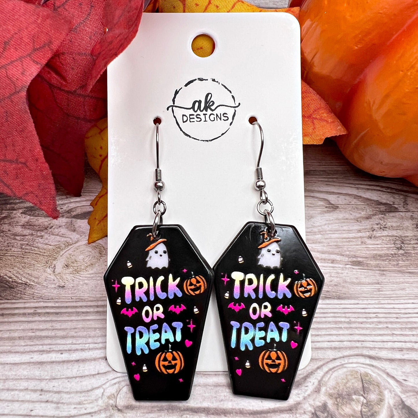 Trick or Treat Colorful Black Coffin Halloween Ghost Stainless Steel  Earrings, Hypoallergenic Gift