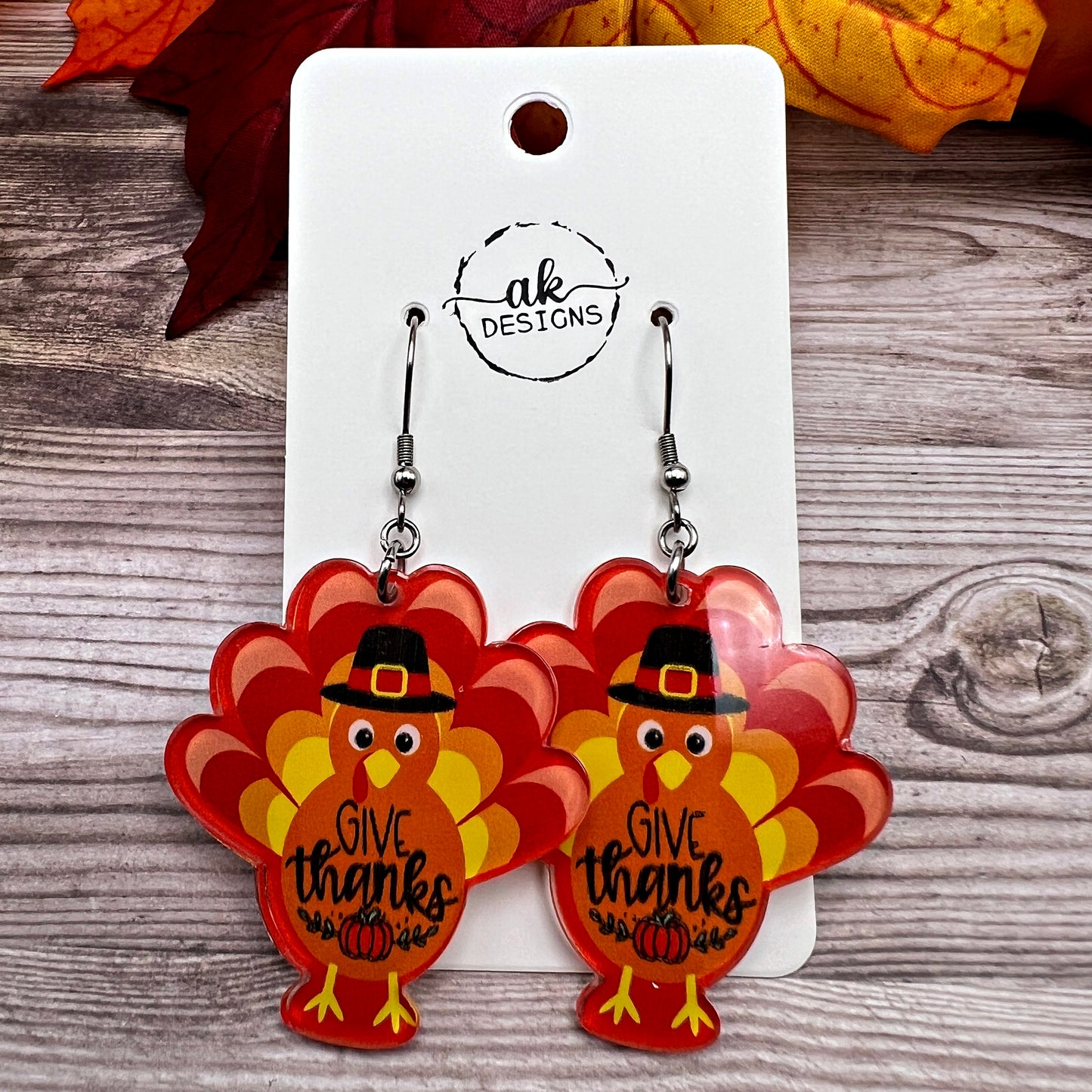 Thanksgiving Turkey Acrylic Stainless Steel Dangle Earrings, Give Thanks, Gobble gobble, Hypoallergenic Holiday Gift